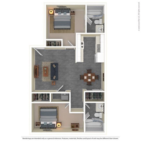 Floor plan for 2 beds, 2 baths, 877 sqft